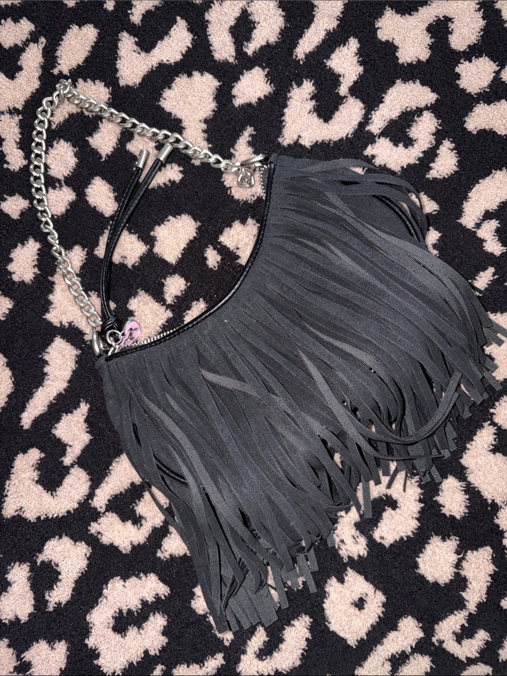 PINK Victoria's Secret Black Fringe Shoulder Bag with Silver Chain